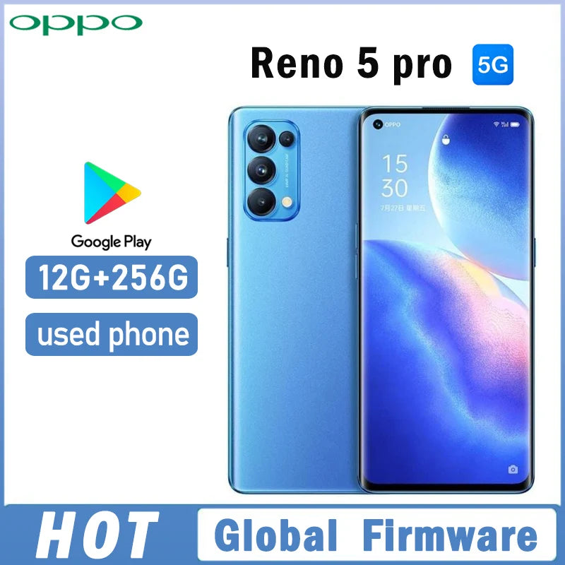 OPPO Reno 5 pro 5G smartphone firmware mondial 12GB 256GB 6.55 "64MP caméra quadruple dimension 1000 + téléphone utilisé
