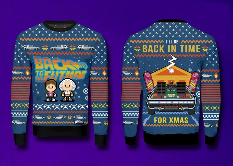 Pulls de noël laides retour vers le futur Sweater front view with cartoon graphic