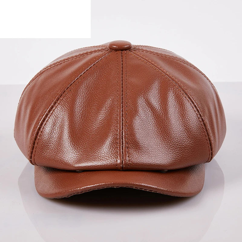 Béret en cuir véritable unisexe, casquette de journal à 8 panneaux pour hommes et femmes, chapeau Vintage à visière souple pour garçon