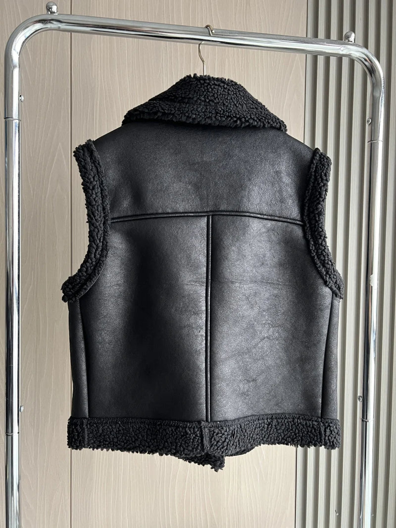 Veste en simili cuir pour femmes avec doublure en taffetas-2024 nouveau produit veste en cuir chaud avec col en fourrure Teddy pour femmes