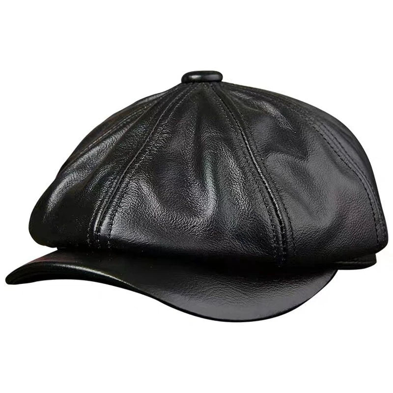 Chapeaux hommes 2025 hiver 100% Casquette chaude en cuir véritable béret masculin peintre Boina peau de vache Casquette octogonale haute qualité Streetwear