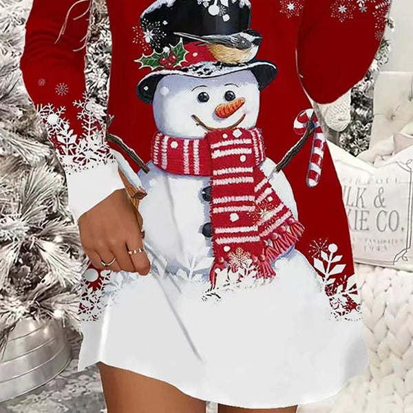 Robe de Noël femme élégante avec imprimé bonhomme de neige chic pour les fêtes de fin d'année.
