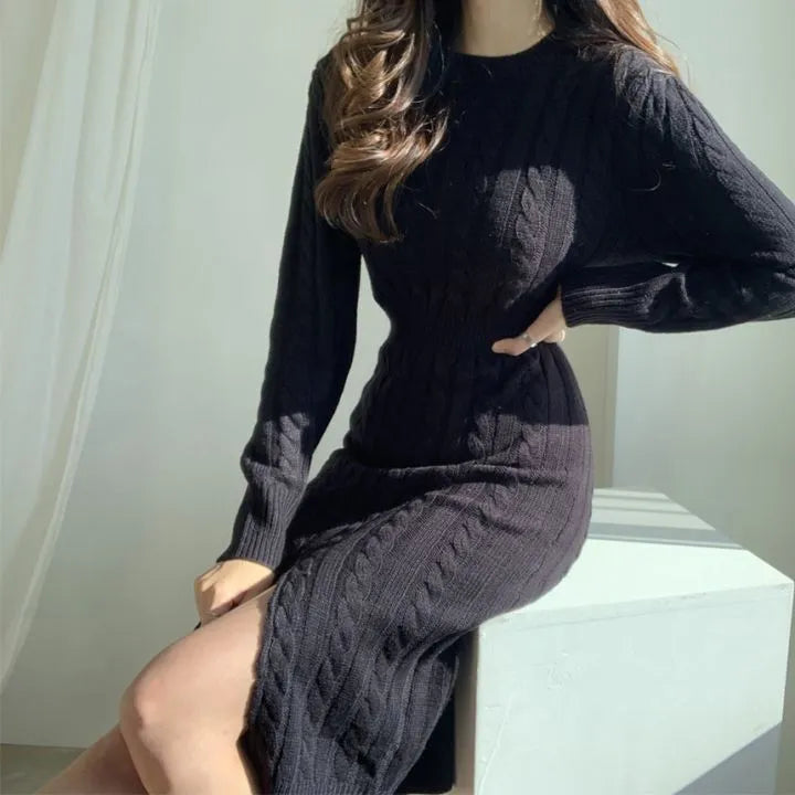 Robe tricot femme hiver | Robe moulante manches longues | Robe pull femme maxi | Robe vintage oversize femme | Robe longue hiver élégante | Robe tricotée soirée automne | Robe maxi col rond femme | Robe chaude moulante femme | Robe d’hiver chic femme | Robe longue tricot oversize
