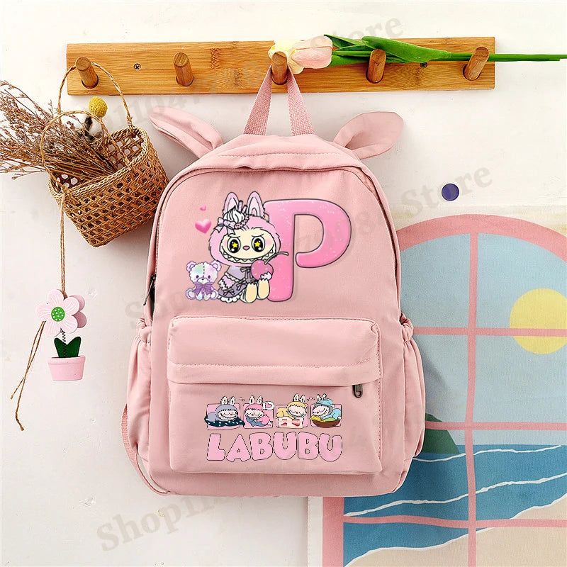 Sac à dos Labubu | Cartable avec oreilles de lapin | Sac étudiant dessin animé | Sac à dos lettres A-Z | Sac à dos scolaire pour enfants | Sac à livres garçon fille | Sac cadeau Labubu | Sac de rangement pour fournitures scolaires | Joli cartable | Sac cartoon à la mode