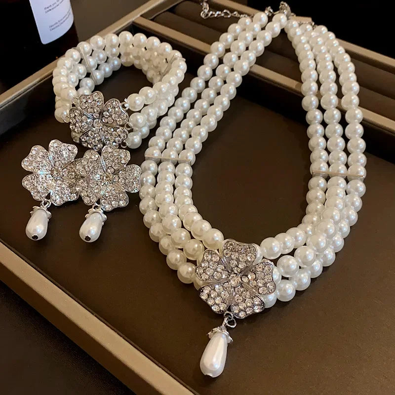 Colliers de fête à fleurs femme perles luxe multicouches