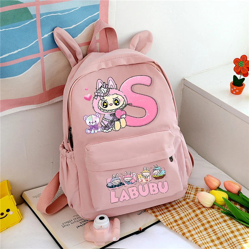 Sac à dos Labubu | Cartable avec oreilles de lapin | Sac étudiant dessin animé | Sac à dos lettres A-Z | Sac à dos scolaire pour enfants | Sac à livres garçon fille | Sac cadeau Labubu | Sac de rangement pour fournitures scolaires | Joli cartable | Sac cartoon à la mode