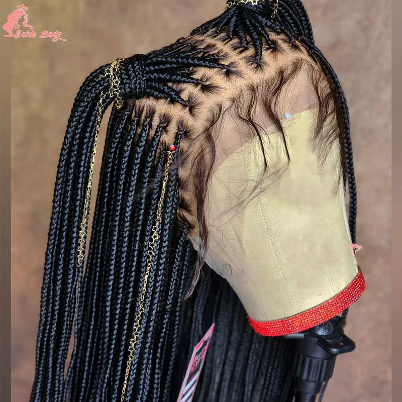 Perruques tressées Afro Cornrow synthétiques pleine dentelle, boîte sans nœuds, perruque tressée pour femmes noires, 36 pouces, perruque tressée de déesse faite à la main