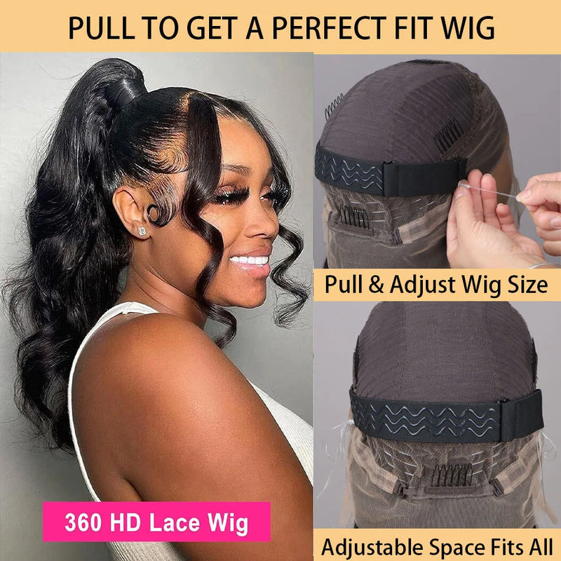 Perruque Lace Front Wig Body Wave 360 HD, cheveux naturels, pre-plucked, 12A, sans colle, vierge brésilienne, avec cordon de serrage