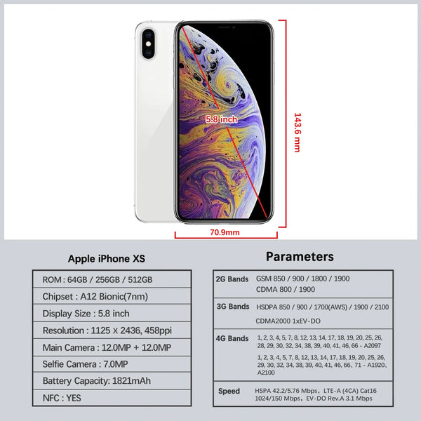 Téléphone original iPhone XS | iPhone XS Max 4G LTE | Apple iPhone 5,8 pouces | iPhone XS 4 Go RAM | iPhone XS 64 Go stockage | iPhone XS Max 256 Go ROM | Appareil photo iPhone 12 MP + 7 MP | iPhone XS hexa-core | Smartphone Apple XS | iPhone XS Max original