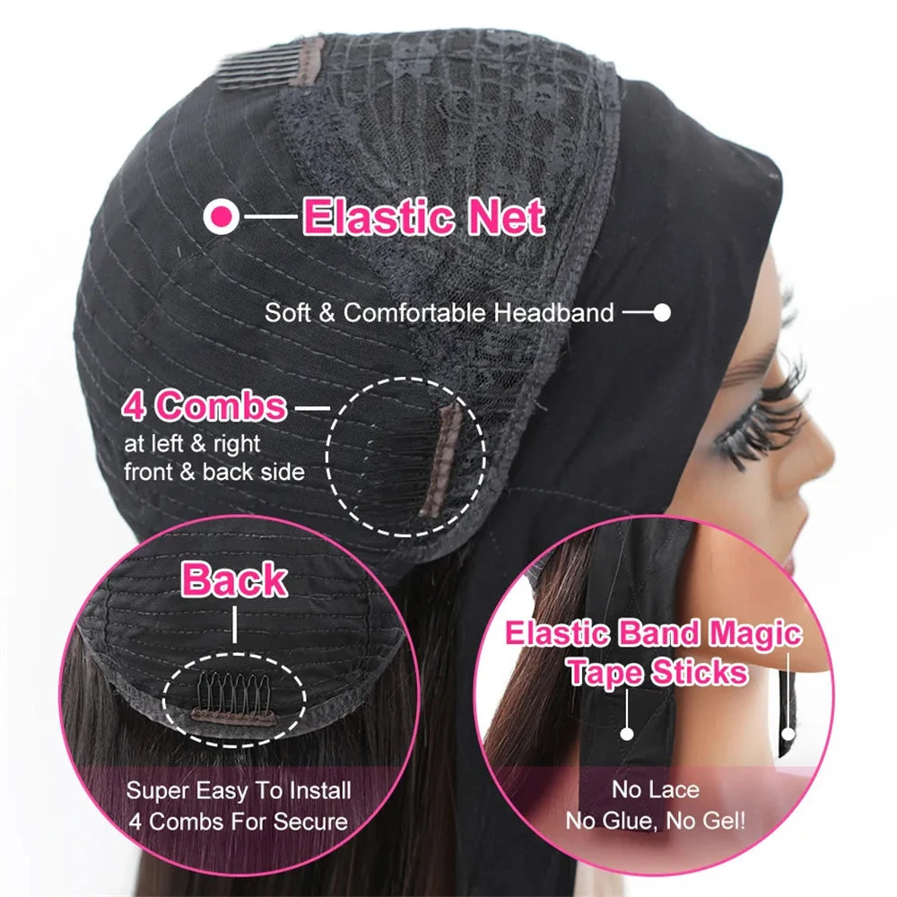 Perruque cheveux naturels avec bandeau intégré, facile à porter, style confortable et élégant, idéale pour un look naturel sans colle ni dentelle.