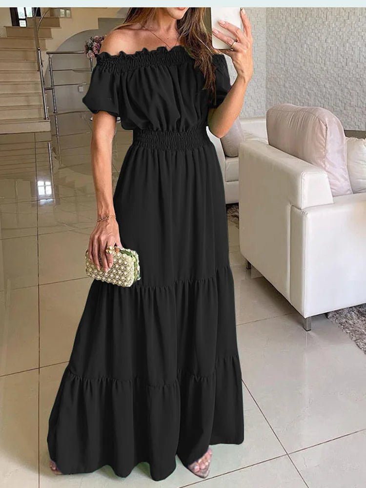 2025 été solide Boho Robe femmes mode élégante plage Robe de soirée décontracté Slash cou bureau Maxi robes pour Femme Robe Femme