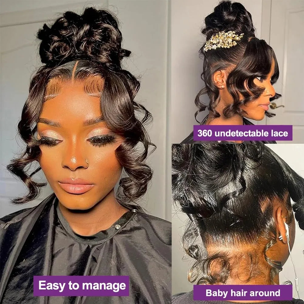 Perruque Lace Front Wig Body Wave 360 HD, cheveux naturels, pre-plucked, 12A, sans colle, vierge brésilienne, avec cordon de serrage