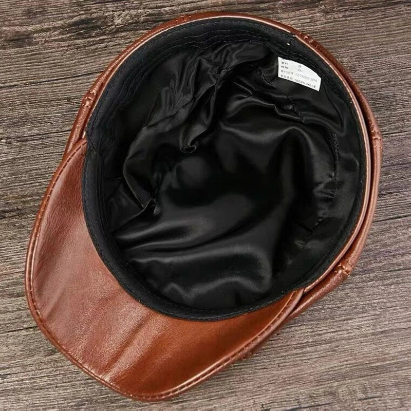 Chapeaux hommes 2025 hiver 100% Casquette chaude en cuir véritable béret masculin peintre Boina peau de vache Casquette octogonale haute qualité Streetwear
