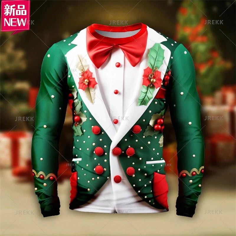 T-shirt à manches longues joyeux Noël imprimé en 3D pour hommes modèle