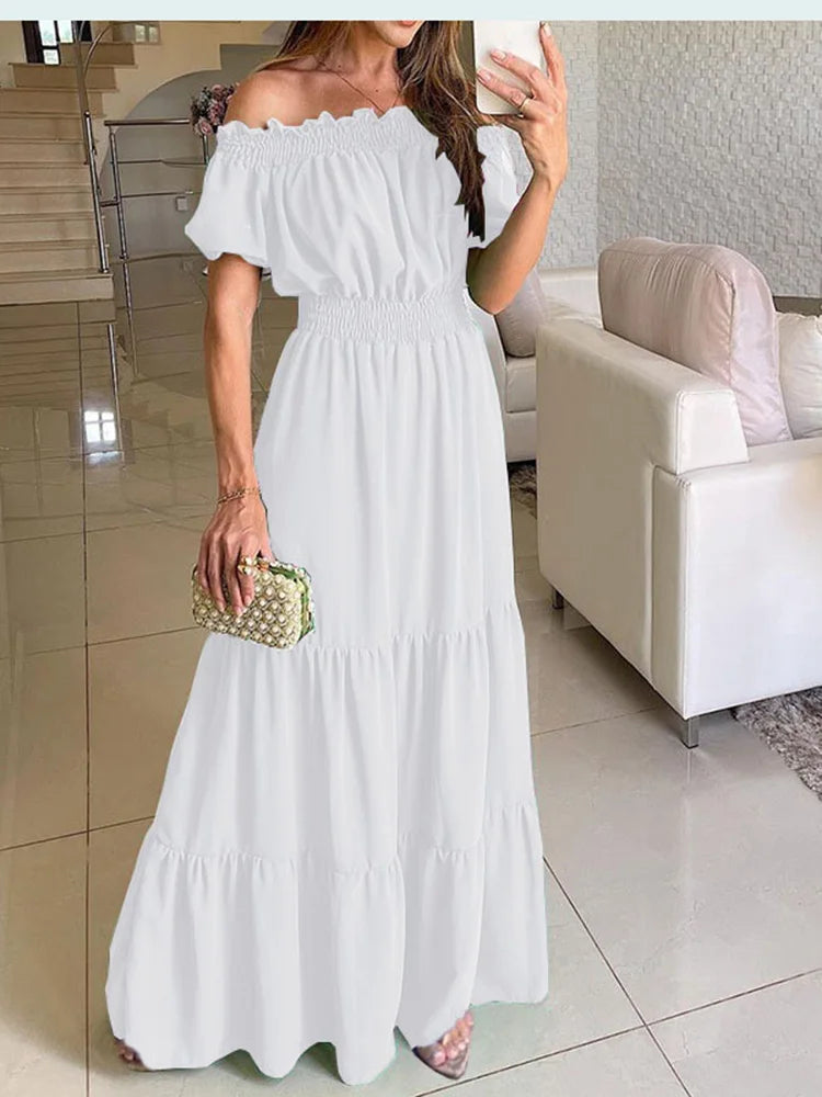 2025 été solide Boho Robe femmes mode élégante plage Robe de soirée décontracté Slash cou bureau Maxi robes pour Femme Robe Femme