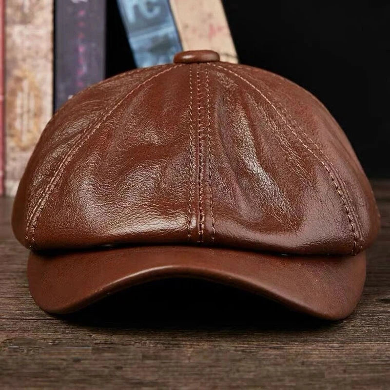 Chapeaux hommes 2025 hiver 100% Casquette chaude en cuir véritable béret masculin peintre Boina peau de vache Casquette octogonale haute qualité Streetwear
