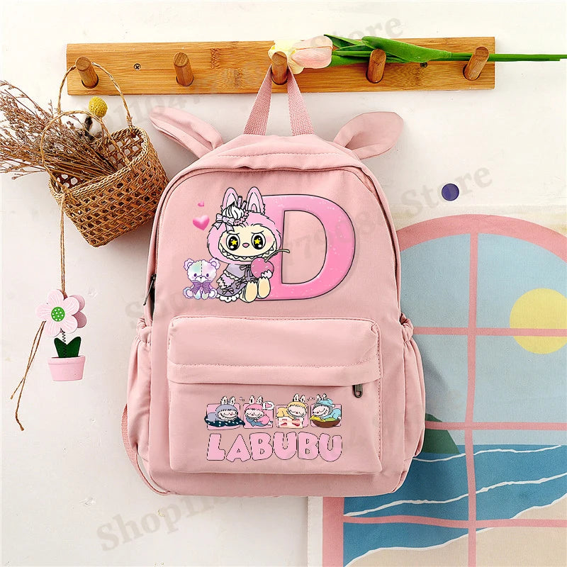 Sac à dos Labubu | Cartable avec oreilles de lapin | Sac étudiant dessin animé | Sac à dos lettres A-Z | Sac à dos scolaire pour enfants | Sac à livres garçon fille | Sac cadeau Labubu | Sac de rangement pour fournitures scolaires | Joli cartable | Sac cartoon à la mode