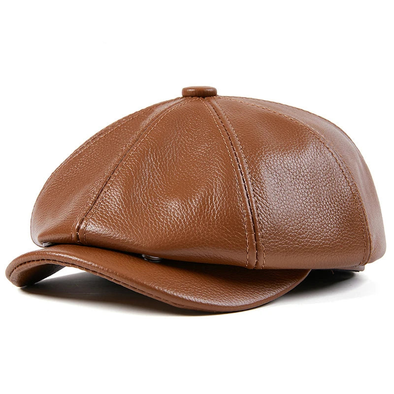 Béret en cuir véritable unisexe, casquette de journal à 8 panneaux pour hommes et femmes, chapeau Vintage à visière souple pour garçon