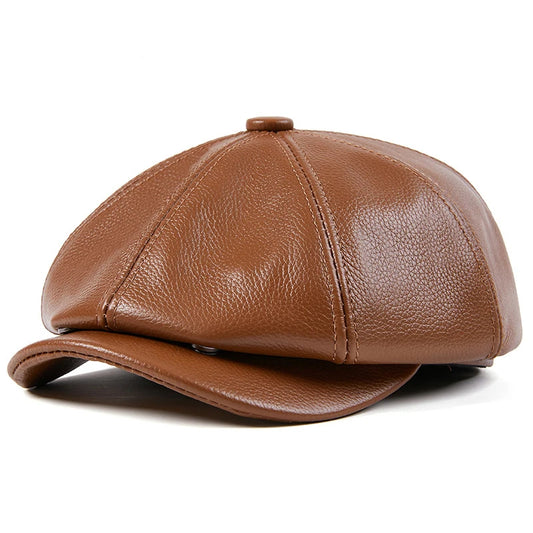 Béret en cuir véritable unisexe, casquette de journal à 8 panneaux pour hommes et femmes, chapeau Vintage à visière souple pour garçon