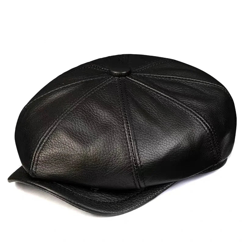 Bonnet rétro en cuir véritable béret chapeau unisexe hiver chaud Casquette octogonale pour hommes femmes Chapeau Homme Chapeau noir