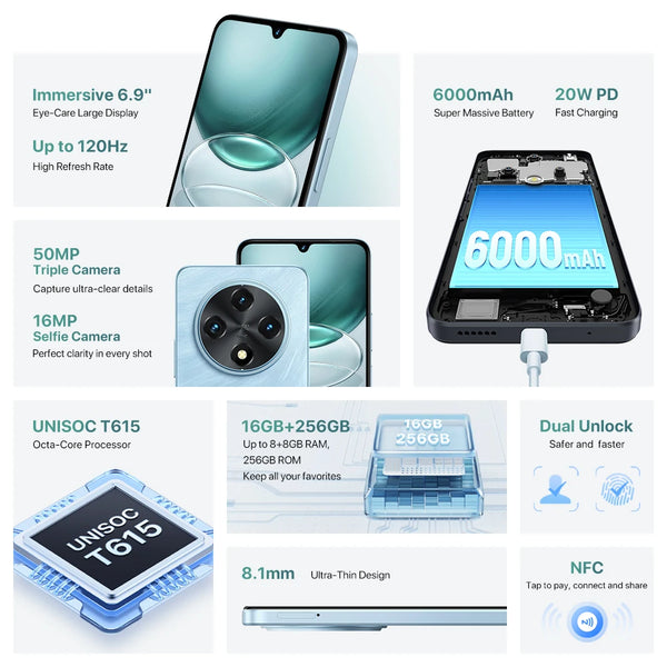 Smartphone UMIDIGI G100 | Téléphone Android 14 G100 | G100 écran 6,9" 120Hz | UMIDIGI G100 appareil photo 50MP | Téléphone G100 stockage 128 Go | UMIDIGI G100 double SIM | G100 avec support NFC | G100 batterie 6000mAh | Téléphone G100 charge rapide | Téléphone mobile UMIDIGI G100