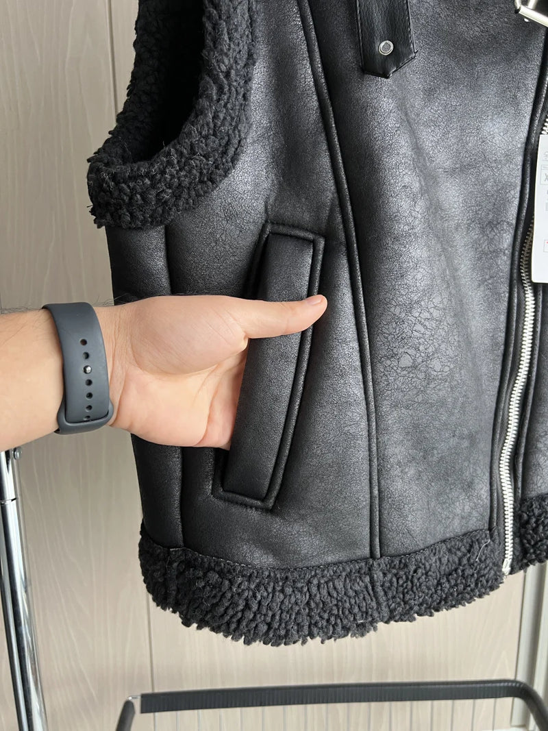 Veste en simili cuir pour femmes avec doublure en taffetas-2024 nouveau produit veste en cuir chaud avec col en fourrure Teddy pour femmes