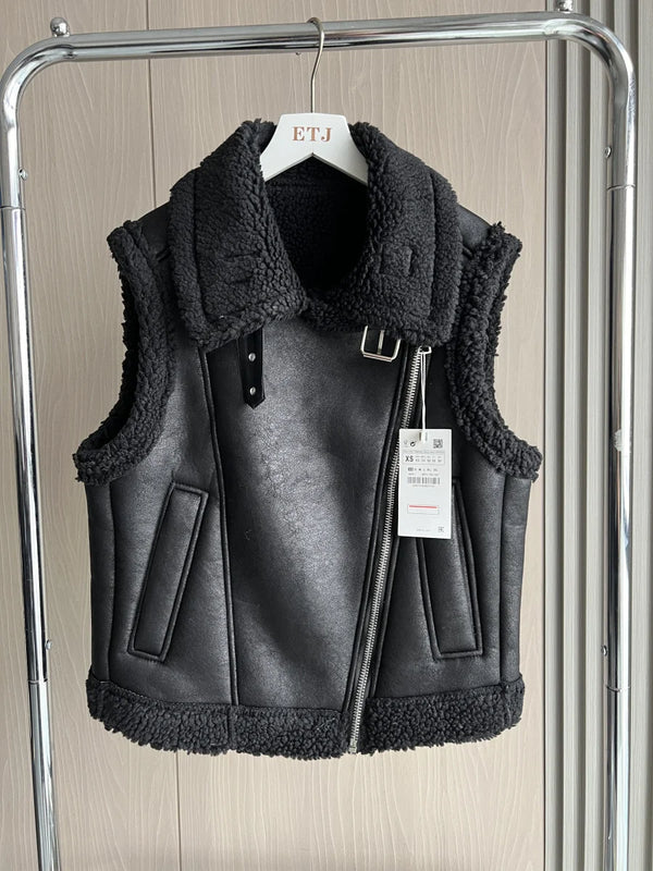 Veste en simili cuir pour femmes avec doublure en taffetas-2024 nouveau produit veste en cuir chaud avec col en fourrure Teddy pour femmes