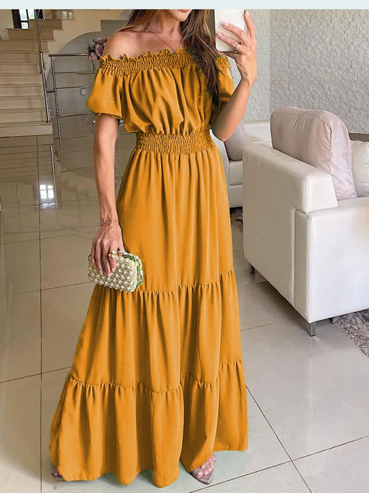 2025 été solide Boho Robe femmes mode élégante plage Robe de soirée décontracté Slash cou bureau Maxi robes pour Femme Robe Femme