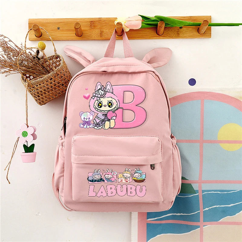 Sac à dos Labubu | Cartable avec oreilles de lapin | Sac étudiant dessin animé | Sac à dos lettres A-Z | Sac à dos scolaire pour enfants | Sac à livres garçon fille | Sac cadeau Labubu | Sac de rangement pour fournitures scolaires | Joli cartable | Sac cartoon à la mode