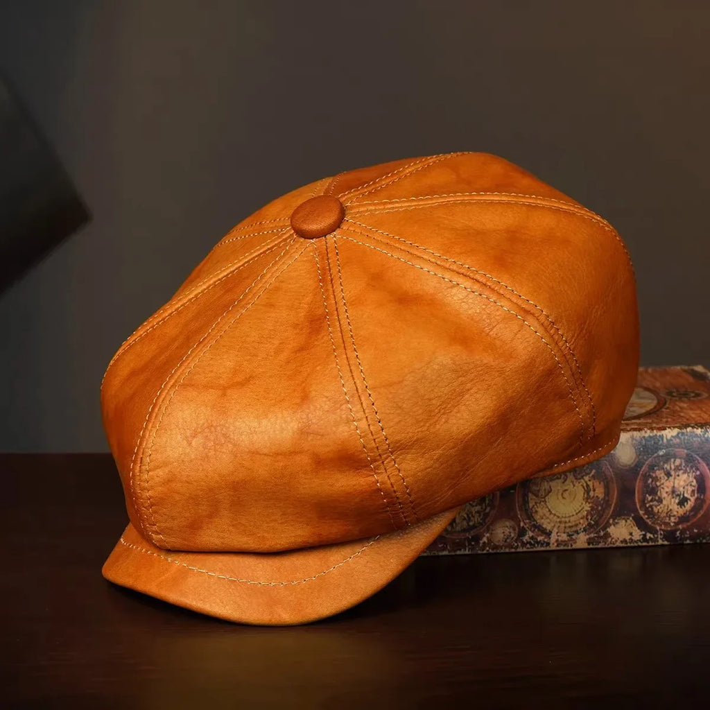 Bonnet rétro en cuir véritable béret chapeau unisexe hiver chaud Casquette octogonale pour hommes femmes Chapeau Homme Chapeau noir