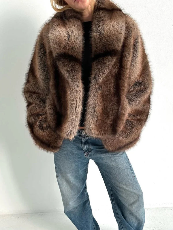 Vestes épaisses en fausse fourrure pour femmes, manteau chaud Chic à revers de couleur unie, manches longues, ample, vêtements d'extérieur de rue, hiver 2025