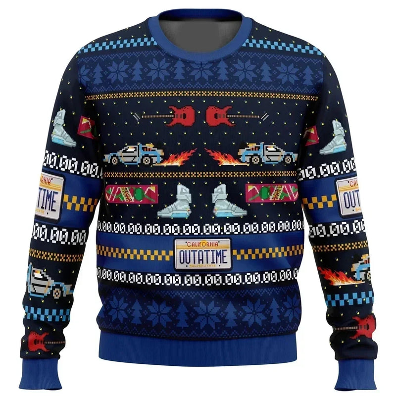 Pulls de noël laides retour vers le futur Sweater front view with cartoon graphic