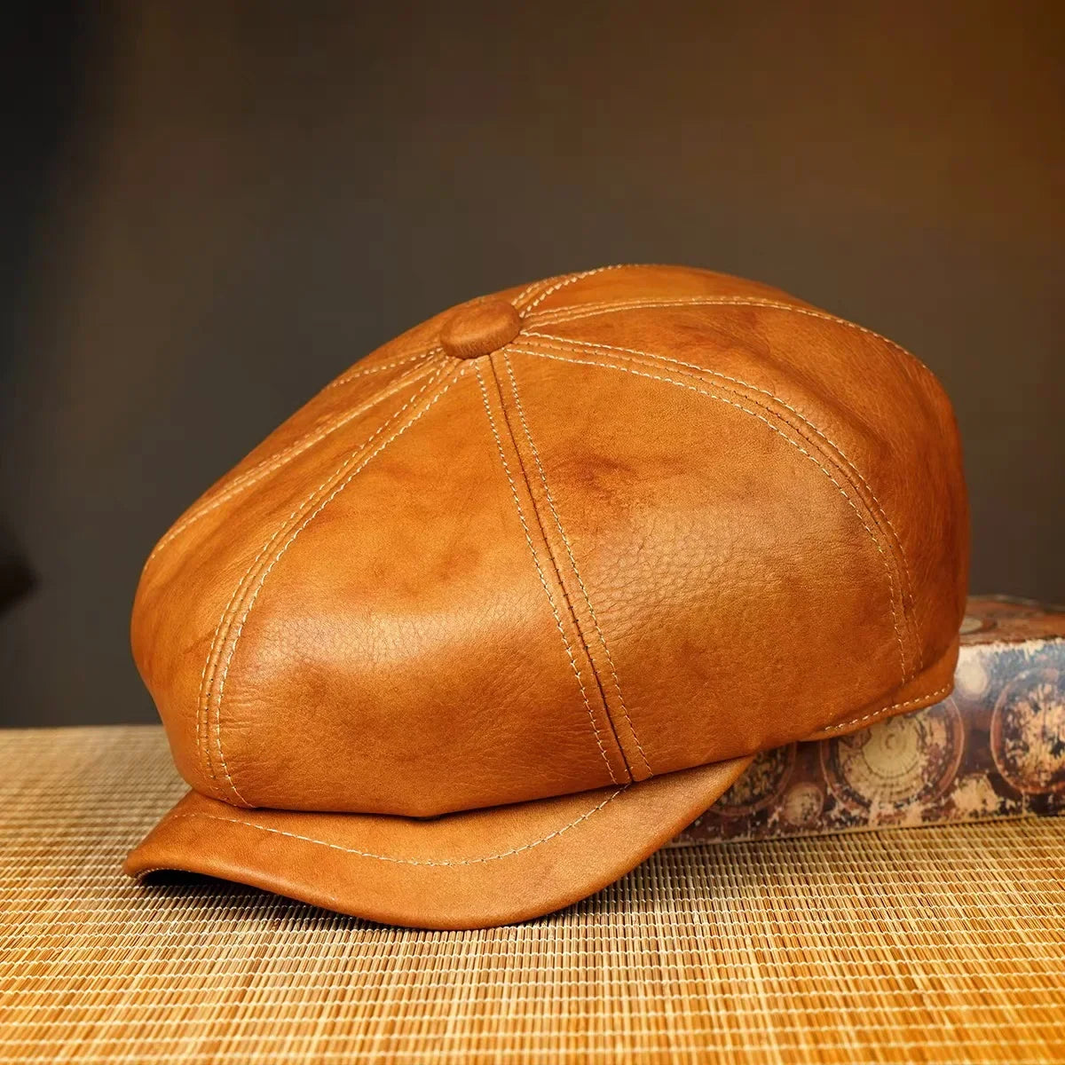 Bonnet rétro en cuir véritable béret chapeau unisexe hiver chaud Casquette octogonale pour hommes femmes Chapeau Homme Chapeau noir