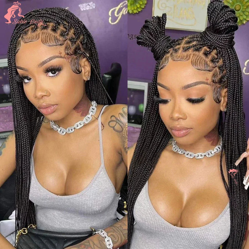 Perruques tressées Afro Cornrow synthétiques pleine dentelle, boîte sans nœuds, perruque tressée pour femmes noires, 36 pouces, perruque tressée de déesse faite à la main