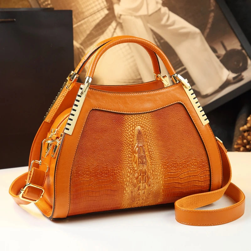 Sacs à main en cuir véritable motif Crocodile pour femmes d'âge moyen, sacoche à bandoulière multicouche, grands sacs