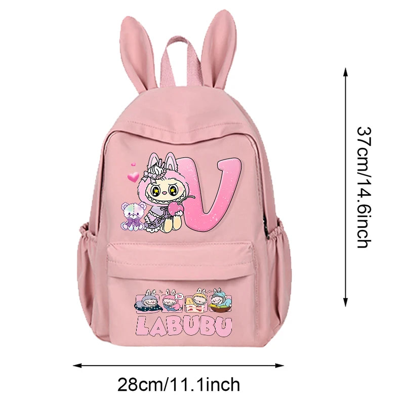 Sac à dos Labubu | Cartable avec oreilles de lapin | Sac étudiant dessin animé | Sac à dos lettres A-Z | Sac à dos scolaire pour enfants | Sac à livres garçon fille | Sac cadeau Labubu | Sac de rangement pour fournitures scolaires | Joli cartable | Sac cartoon à la mode
