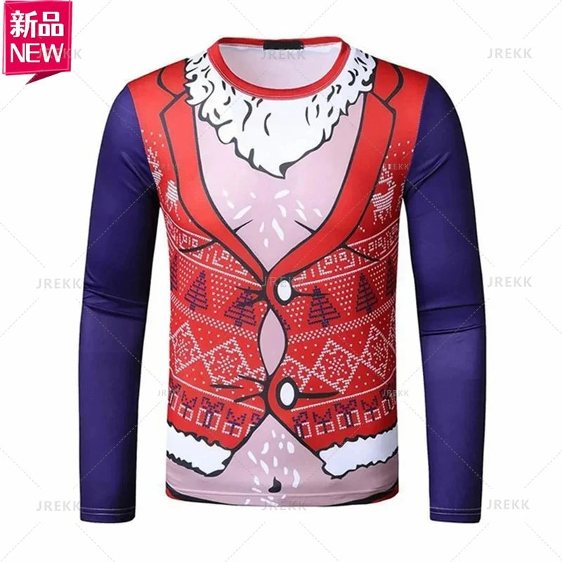 T-shirt à manches longues joyeux Noël imprimé en 3D pour hommes détail tissu