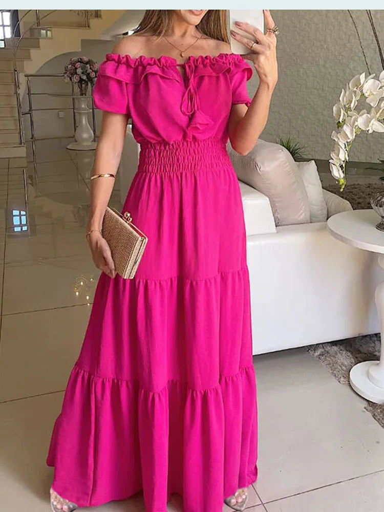 2025 été solide Boho Robe femmes mode élégante plage Robe de soirée décontracté Slash cou bureau Maxi robes pour Femme Robe Femme