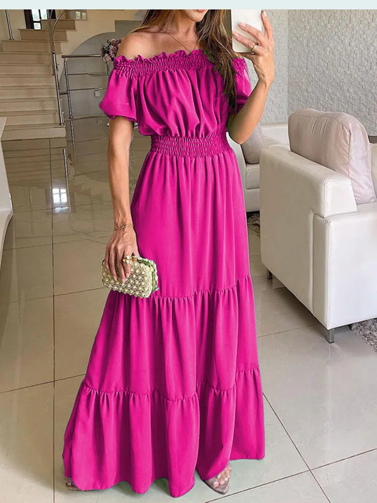 2025 été solide Boho Robe femmes mode élégante plage Robe de soirée décontracté Slash cou bureau Maxi robes pour Femme Robe Femme
