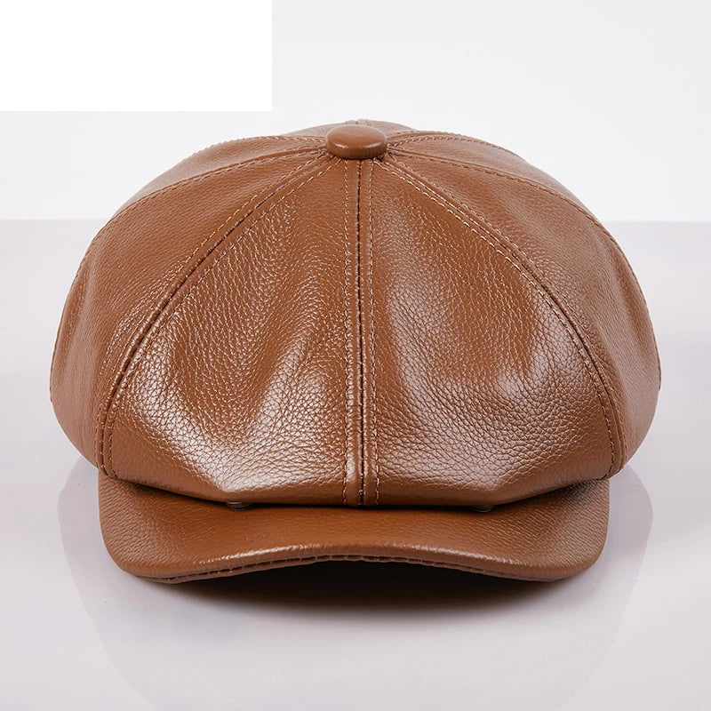 Béret en cuir véritable unisexe, casquette de journal à 8 panneaux pour hommes et femmes, chapeau Vintage à visière souple pour garçon