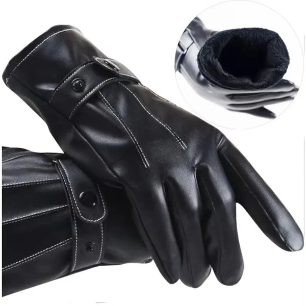 Gants d'hiver pour hommes en cuir PU bouton détaillé