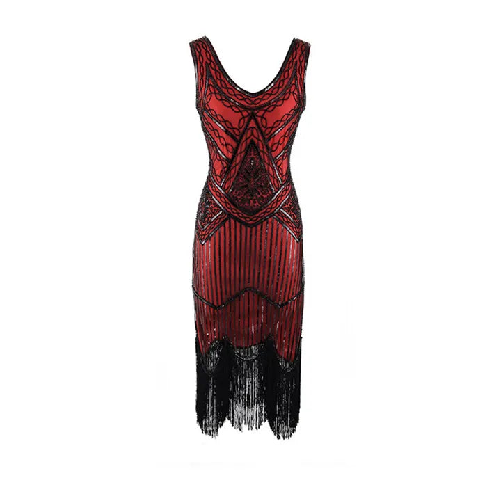Robe Gatsby 1920 femme | Robe flapper à sequins | Robe soirée à franges | Robe sans manches chic | Robe col en V soirée | Robe à perles Gatsby | Robe rétro soirée femme | Robe franges sans manches | Robe à sequins élégante | Robe vintage Gatsby femme

