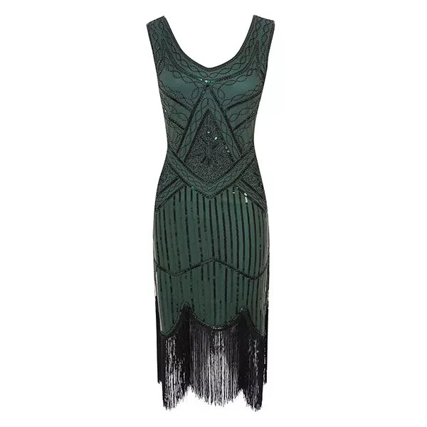 Robe Gatsby 1920 femme | Robe flapper à sequins | Robe soirée à franges | Robe sans manches chic | Robe col en V soirée | Robe à perles Gatsby | Robe rétro soirée femme | Robe franges sans manches | Robe à sequins élégante | Robe vintage Gatsby femme

