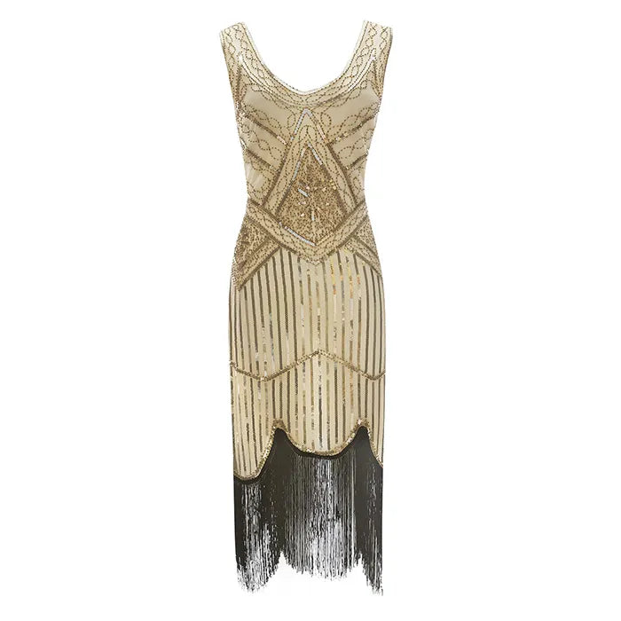 Robe Gatsby 1920 femme | Robe flapper à sequins | Robe soirée à franges | Robe sans manches chic | Robe col en V soirée | Robe à perles Gatsby | Robe rétro soirée femme | Robe franges sans manches | Robe à sequins élégante | Robe vintage Gatsby femme