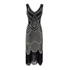 Robe Gatsby 1920 femme | Robe flapper à sequins | Robe soirée à franges | Robe sans manches chic | Robe col en V soirée | Robe à perles Gatsby | Robe rétro soirée femme | Robe franges sans manches | Robe à sequins élégante | Robe vintage Gatsby femme

