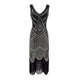 Robe Gatsby 1920 femme | Robe flapper à sequins | Robe soirée à franges | Robe sans manches chic | Robe col en V soirée | Robe à perles Gatsby | Robe rétro soirée femme | Robe franges sans manches | Robe à sequins élégante | Robe vintage Gatsby femme

