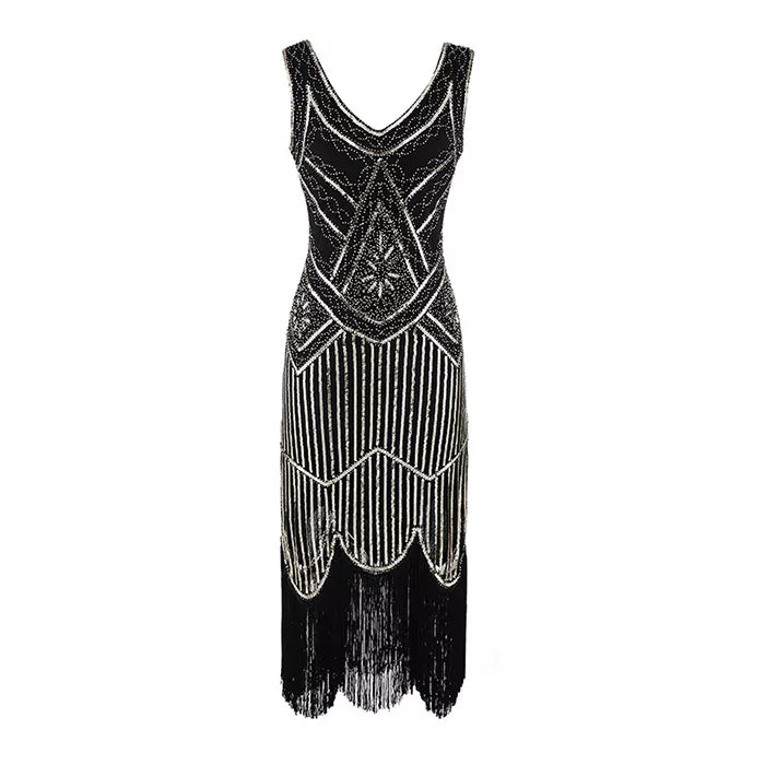 Robe Gatsby 1920 femme | Robe flapper à sequins | Robe soirée à franges | Robe sans manches chic | Robe col en V soirée | Robe à perles Gatsby | Robe rétro soirée femme | Robe franges sans manches | Robe à sequins élégante | Robe vintage Gatsby femme


