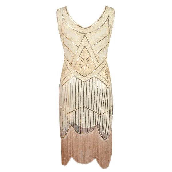 Robe Gatsby 1920 femme | Robe flapper à sequins | Robe soirée à franges | Robe sans manches chic | Robe col en V soirée | Robe à perles Gatsby | Robe rétro soirée femme | Robe franges sans manches | Robe à sequins élégante | Robe vintage Gatsby femme

