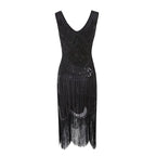 Robe Gatsby 1920 femme | Robe flapper à sequins | Robe soirée à franges | Robe sans manches chic | Robe col en V soirée | Robe à perles Gatsby | Robe rétro soirée femme | Robe franges sans manches | Robe à sequins élégante | Robe vintage Gatsby femme

