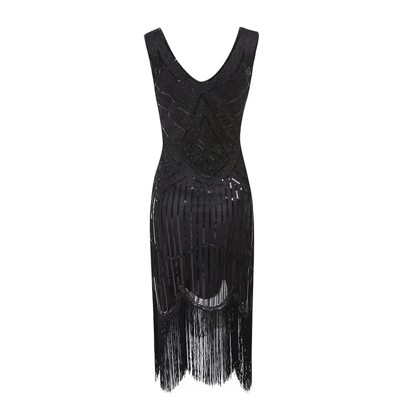 Robe Gatsby 1920 femme | Robe flapper à sequins | Robe soirée à franges | Robe sans manches chic | Robe col en V soirée | Robe à perles Gatsby | Robe rétro soirée femme | Robe franges sans manches | Robe à sequins élégante | Robe vintage Gatsby femme

